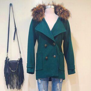 💋BOHO CHIC💋 GORGEOUS VTG WOOL COAT WITH FOX FUR COLLAR in BOTTLE GREEN